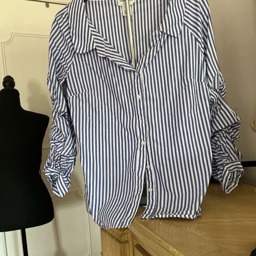 For The Republic Blue and White Striped Button Down Shirt